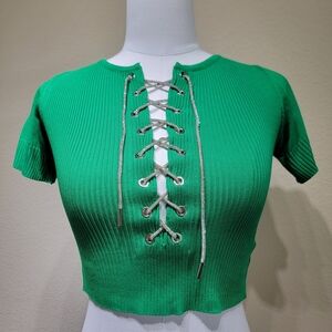 Emerald Lace-Up Ribbed Crop Top